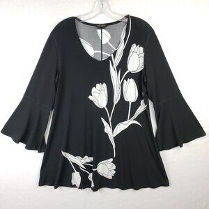 Eva Varro Tunic Top Black Floral Tulip Print Lagenlook Slinky Art-to-Wear size L